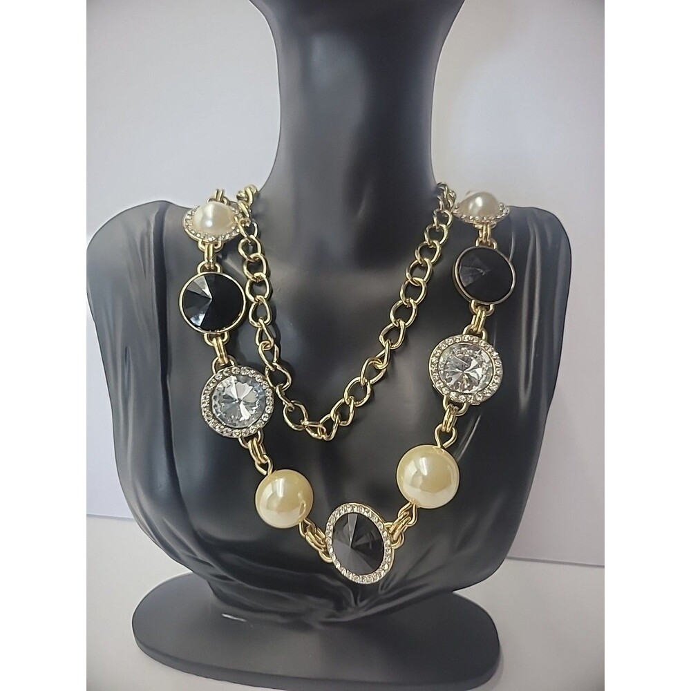 Vintage Necklace Chain Black Crystals‎ Beaded Chain Gold Tone Jewelry Costume
